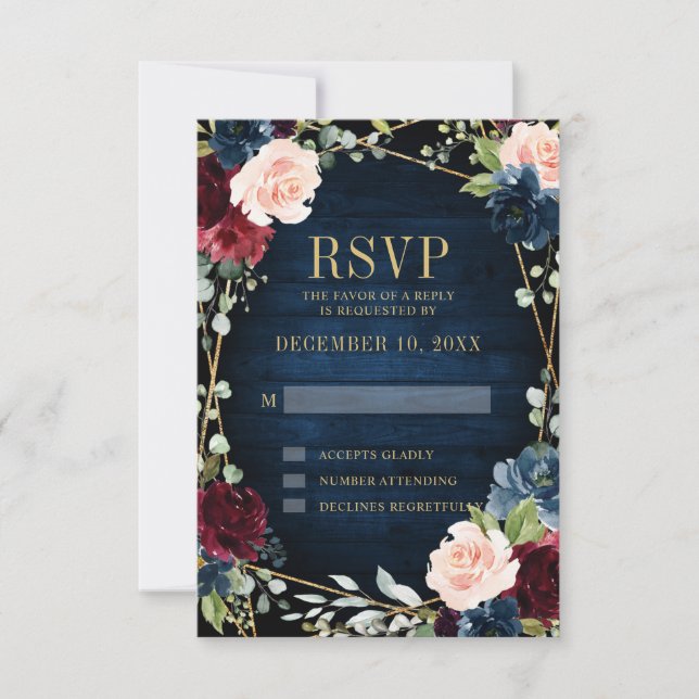 Burgundy Navy Blush Floral Geometric Wedding RSVP Card (Front)