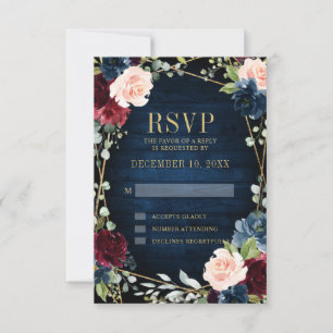 Burgundy Navy Blush Floral Geometric Wedding RSVP Card
