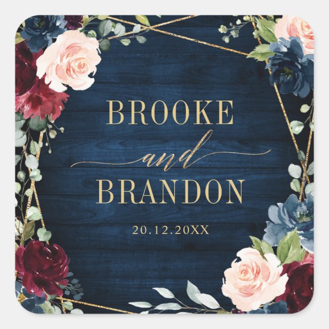 Burgundy Navy Blush Floral Geometric Wedding Square Sticker (Front)