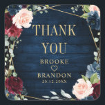 Burgundy Navy Blush Floral Geometric Wedding Square Sticker<br><div class="desc">Elegant and modern romantic geometric watercolor floral wedding thank you sticker features a beautiful burgundy / marsala , blush pink, peach , navy blue watercolor roses with matching foliage on navy blue rustic wood background and gold frame. Perfect for a fall / midsummer wedding. Please find more matching designs and...</div>