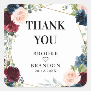 Burgundy Navy Blush Floral Geometric Wedding Square Sticker