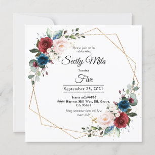 Burgundy Navy Blush Floral Gold Geometric Birthday Invitation