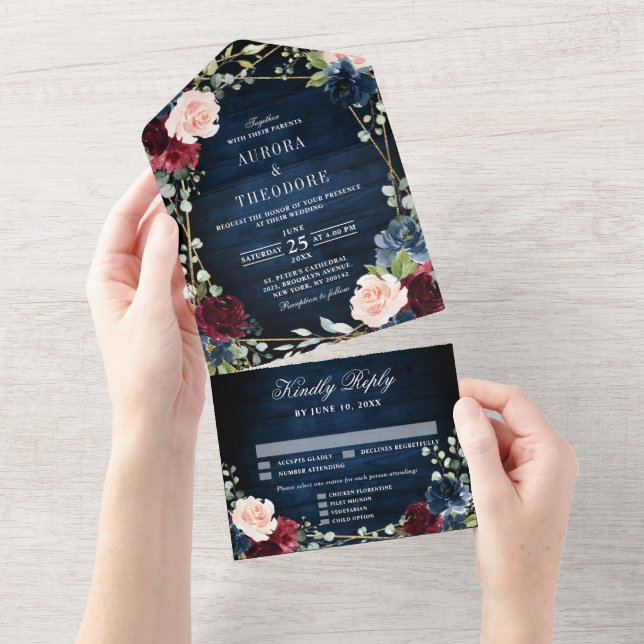 Burgundy Navy Blush Floral Gold Geometric Wedding All In One Invitation (Tearaway)