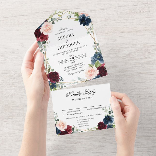Burgundy Navy Blush Floral Gold Geometric Wedding  All In One Invitation (Tearaway)