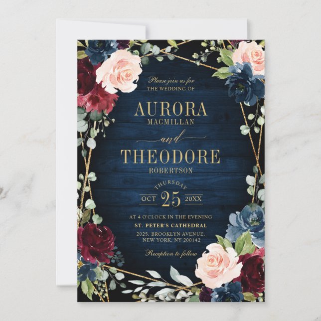 Burgundy Navy Blush Floral Gold Geometric Wedding Invitation (Front)