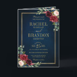 Burgundy Navy Blush Floral Gold Geometric Wedding Invitation<br><div class="desc">Elegant and modern romantic geometric watercolor floral wedding invitation card with details and RSVP details features a beautiful burgundy / marsala , blush pink, peach , navy blue watercolor roses with matching foliage on navy blue rustic wood background and gold frame. Perfect for a fall / midsummer wedding. Please find...</div>