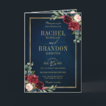 Burgundy Navy Blush Floral Gold Geometric Wedding Invitation<br><div class="desc">Elegant and modern romantic geometric watercolor floral wedding invitation card with details and RSVP details features a beautiful burgundy / marsala , blush pink, peach , navy blue watercolor roses with matching foliage on navy blue rustic wood background and gold frame. Perfect for a fall / midsummer wedding. Please find...</div>