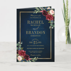 Burgundy Navy Blush Floral Gold Geometric Wedding Invitation