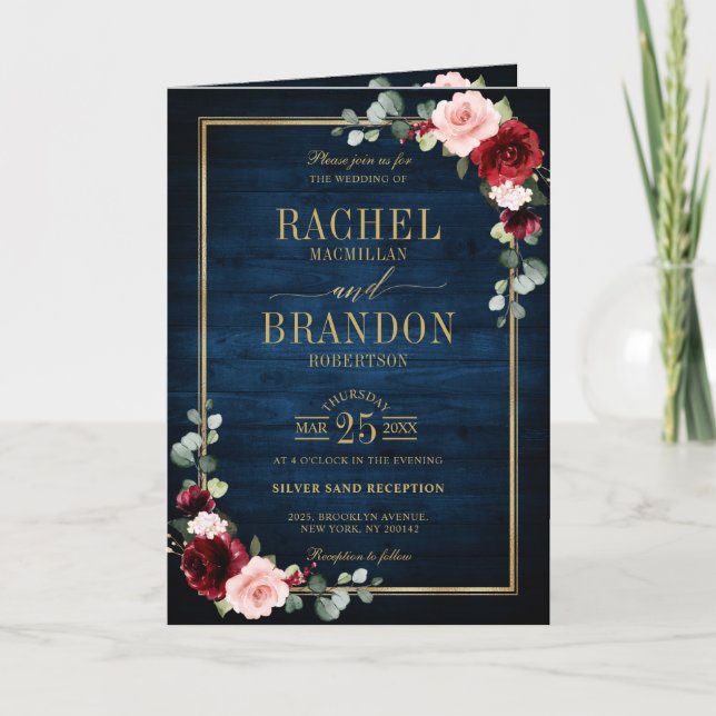 Burgundy Navy Blush Floral Gold Geometric Wedding  Invitation (Front)