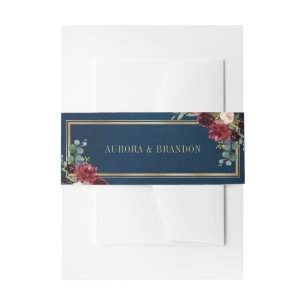 Burgundy Navy Blush Floral Gold Geometric Wedding Invitation Belly Band