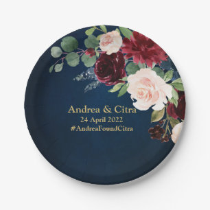 Burgundy Navy Blush Floral Gold Geometric Wedding Paper Plate