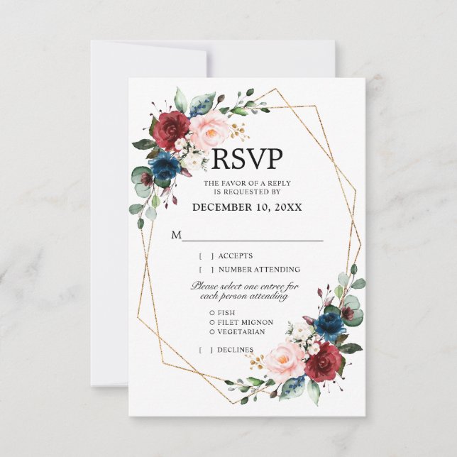 Burgundy Navy Blush Floral Gold Geometric Wedding RSVP Card (Front)