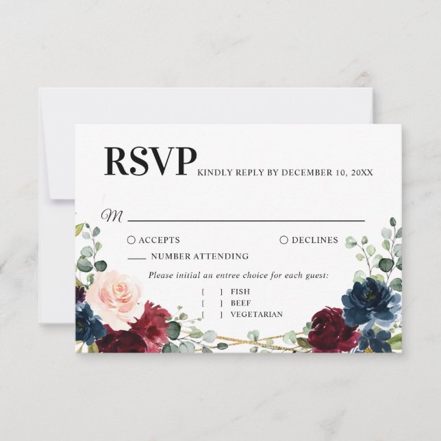 Burgundy Navy Blush Floral Gold Geometric Wedding RSVP Card (Front)