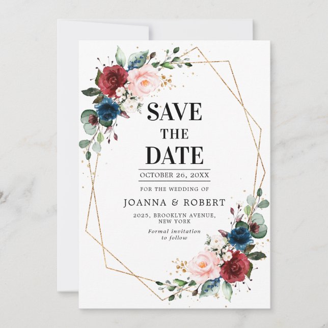 Burgundy Navy Blush Floral Gold Geometric Wedding Save The Date (Front)