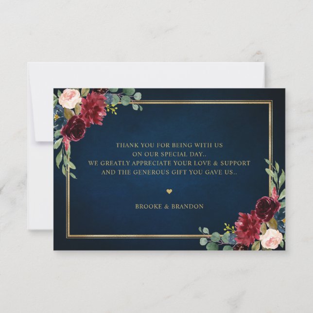 Burgundy Navy Blush Floral Gold Geometric Wedding Thank You Card (Back)
