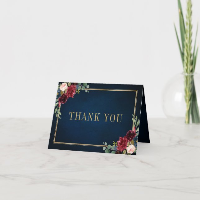 Burgundy Navy Blush Floral Gold Geometric Wedding Thank You Card (Front)