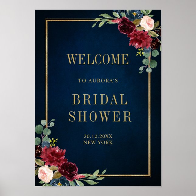 Burgundy Navy Blush Floral Gold Geometric Welcome Poster (Front)