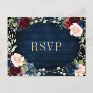 Burgundy Navy Blush Floral Gold RSVP Postcard