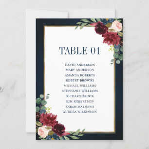 Burgundy Navy Blush Floral Gold Seating Chart Card