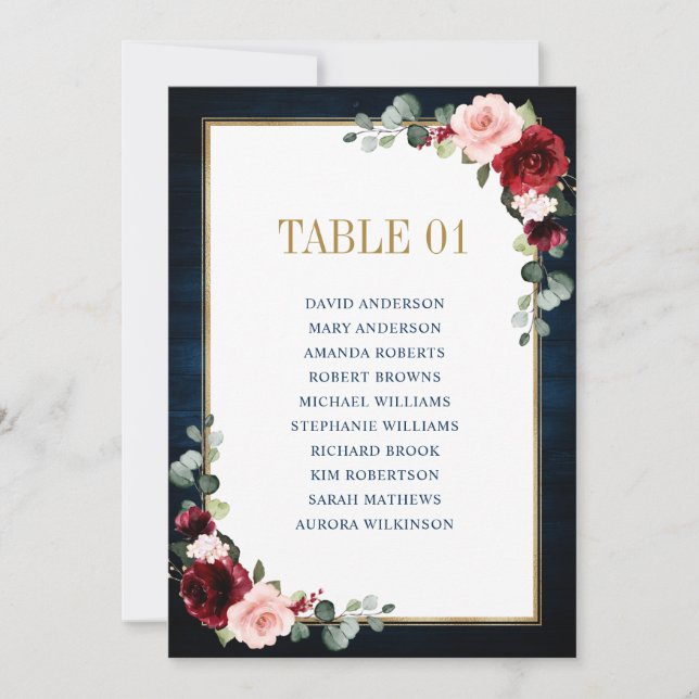 Burgundy Navy Blush Floral Gold Seating Chart Card (Front)