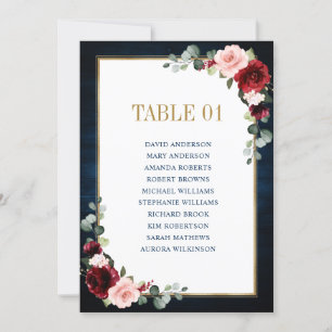 Burgundy Navy Blush Floral Gold Seating Chart Card