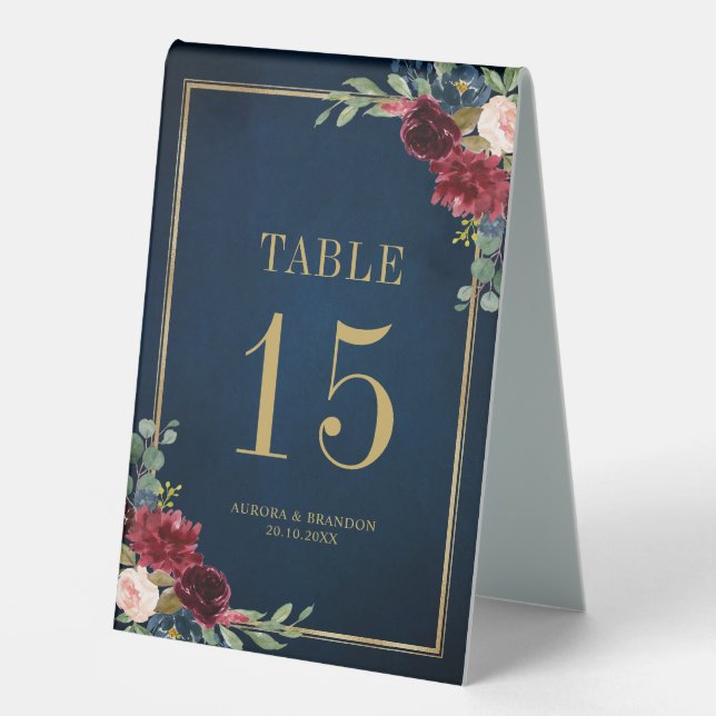 Burgundy Navy Blush Floral Gold Table number (Front)
