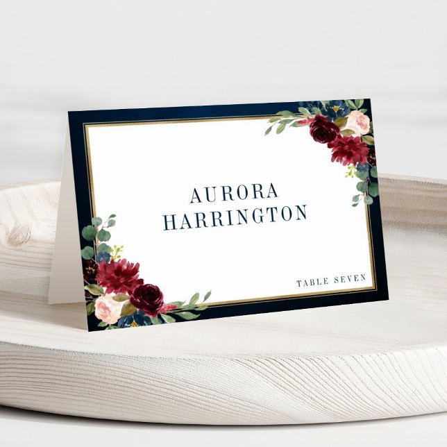 Burgundy Navy Blush Floral Gold Wedding Place Card (Burgundy red navy blue floral guest name place card.)