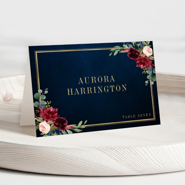Burgundy Navy Blush Floral Gold Wedding Place Card (Creator Uploaded)