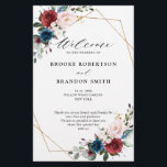 Burgundy Navy Blush Floral Gold Wedding Program<br><div class="desc">Elegant and modern romantic geometric watercolor floral wedding program card features a beautiful burgundy / marsala , blush pink, peach , navy blue watercolor roses with matching foliage on navy blue rustic wood background and gold frame. Perfect for a fall / midsummer wedding. Please find more matching designs and variations...</div>