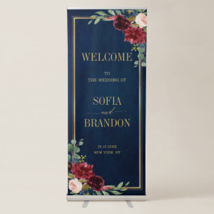 Burgundy Navy Blush Floral Gold Wedding Welcome Retractable Banner