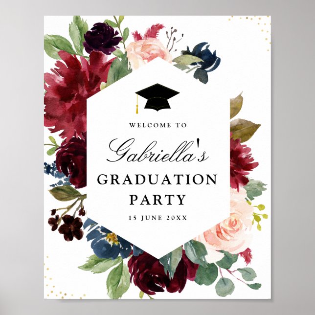 Burgundy navy & blush floral graduation party sign (Front)