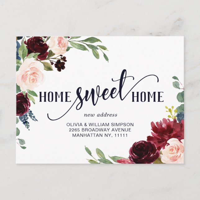 Burgundy Navy Blush Floral Moving Announcement Postcard (Front)