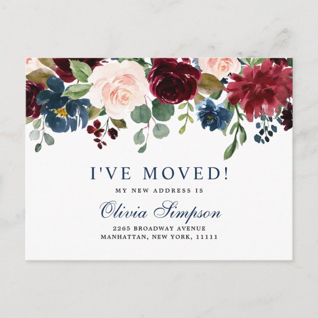 Burgundy Navy Blush Floral Moving Announcement Postcard (Front)
