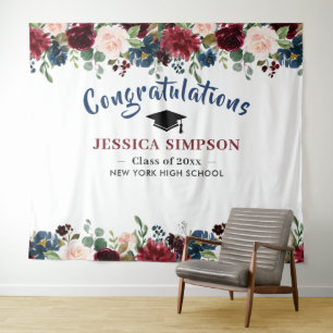 Burgundy Navy Blush Floral Photo Booth Backdrop Tapestry