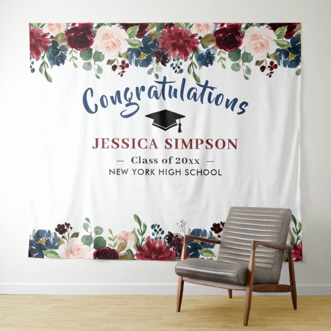 Burgundy Navy Blush Floral Photo Booth Backdrop Tapestry (In Situ (Horizontal))