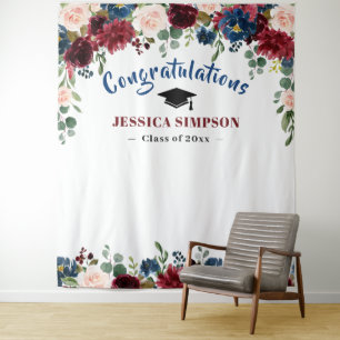 Burgundy Navy Blush Floral Photo Grad Backdrop Tapestry
