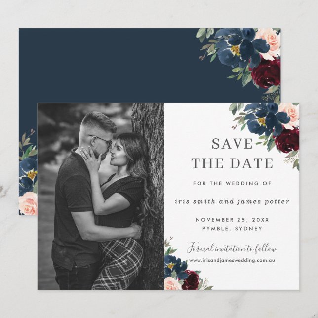 Burgundy Navy Blush Floral Photo Save the Date Invitation (Front/Back)