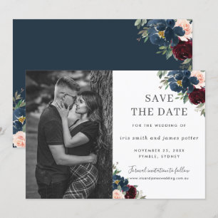 Burgundy Navy Blush Floral Photo Save the Date Invitation
