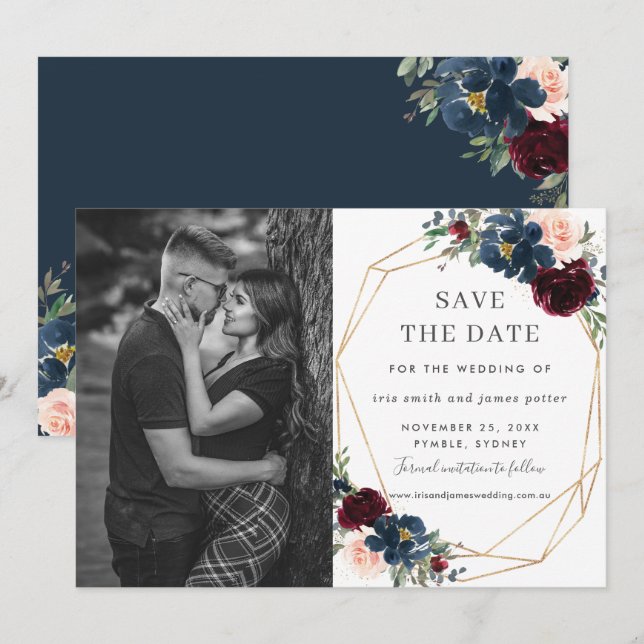 Burgundy Navy Blush Floral Photo Save the Date Invitation (Front/Back)