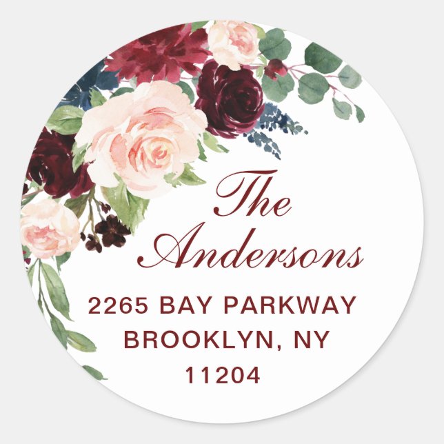 Burgundy Navy Blush Floral Return Address LABEL (Front)
