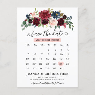 Burgundy Navy Blush Floral Save the Date Postcard