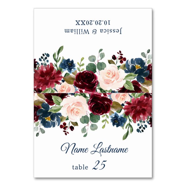 Burgundy Navy Blush Floral Wedding Escort Card (Front)