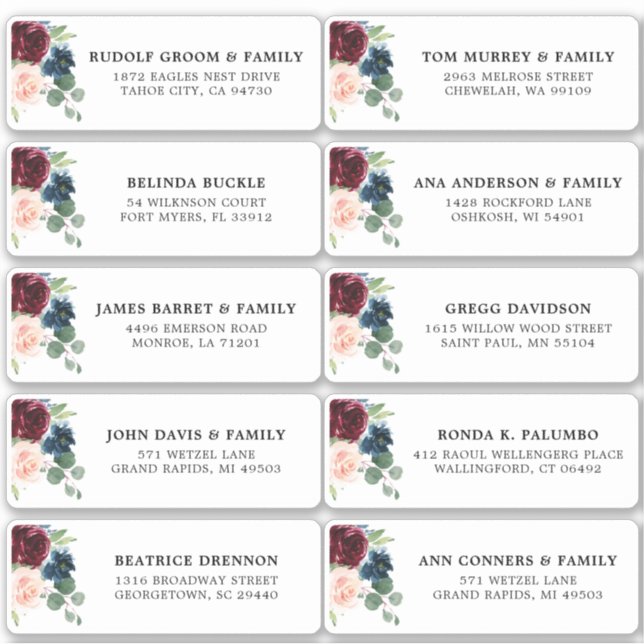 Burgundy Navy Blush Floral Wedding Guest Address (Front)