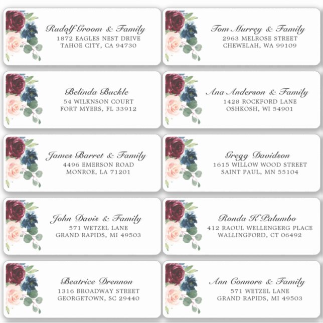 Burgundy Navy Blush Floral Wedding Guest Address (Front)