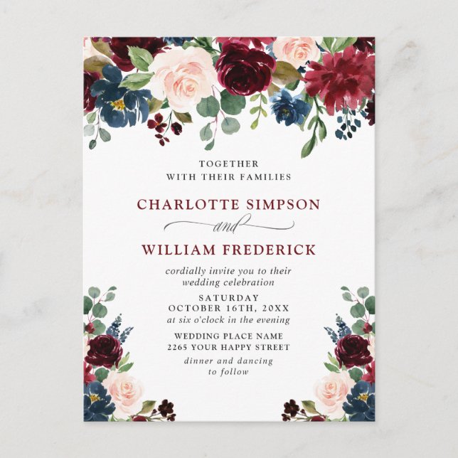 Burgundy Navy Blush Floral Wedding Invitations (Front)