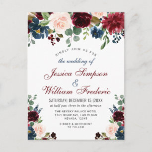 Burgundy Navy Blush Floral Wedding Invitations