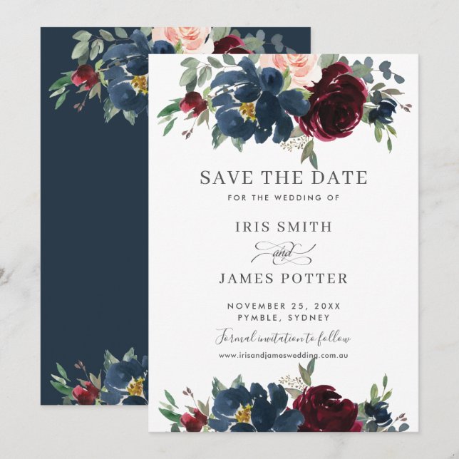 Burgundy Navy Blush Floral Wedding Save the Date Invitation (Front/Back)