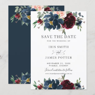 Burgundy Navy Blush Floral Wedding Save the Date Invitation