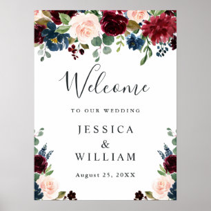 Burgundy Navy Blush Floral Wedding Welcome Poster