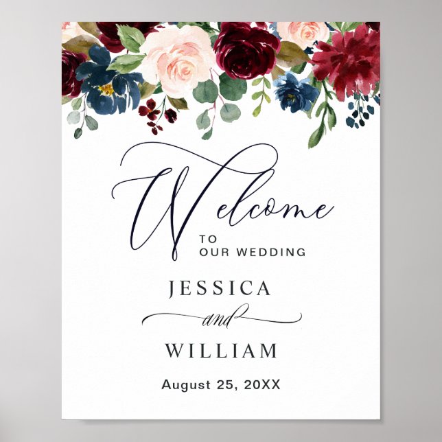Burgundy Navy Blush Floral Wedding Welcome Poster (Front)